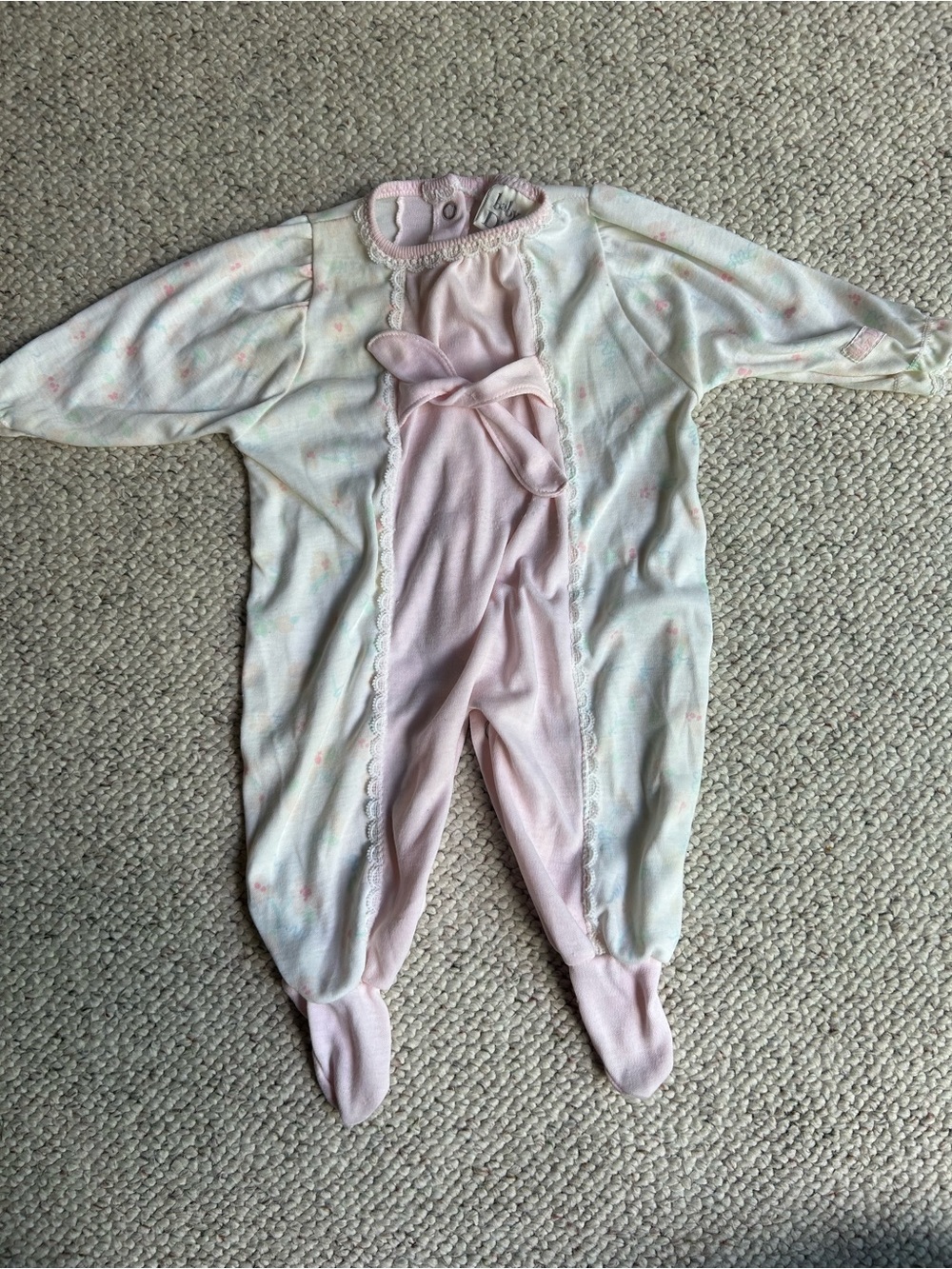 Vintage Baby Dior Pink Floral Footed Sleeper Pajamas Lace Trim size m 12-17lbs